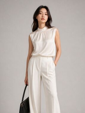 MANGO Ivory Satin Blouse High Neck sleeveless Minimalist Quiet Luxury Clean Girl